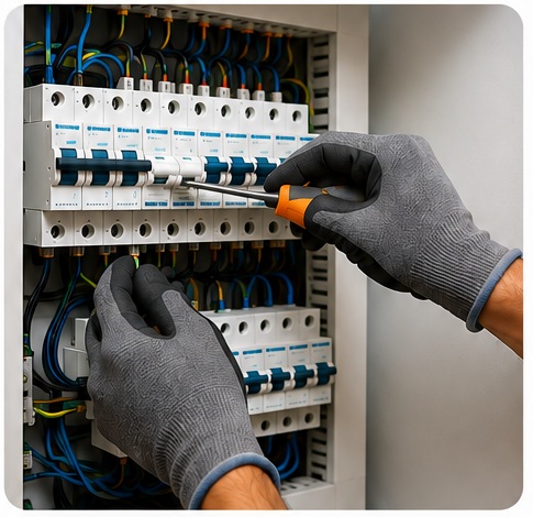 Profissional trabalhando em um quadro de disjuntores